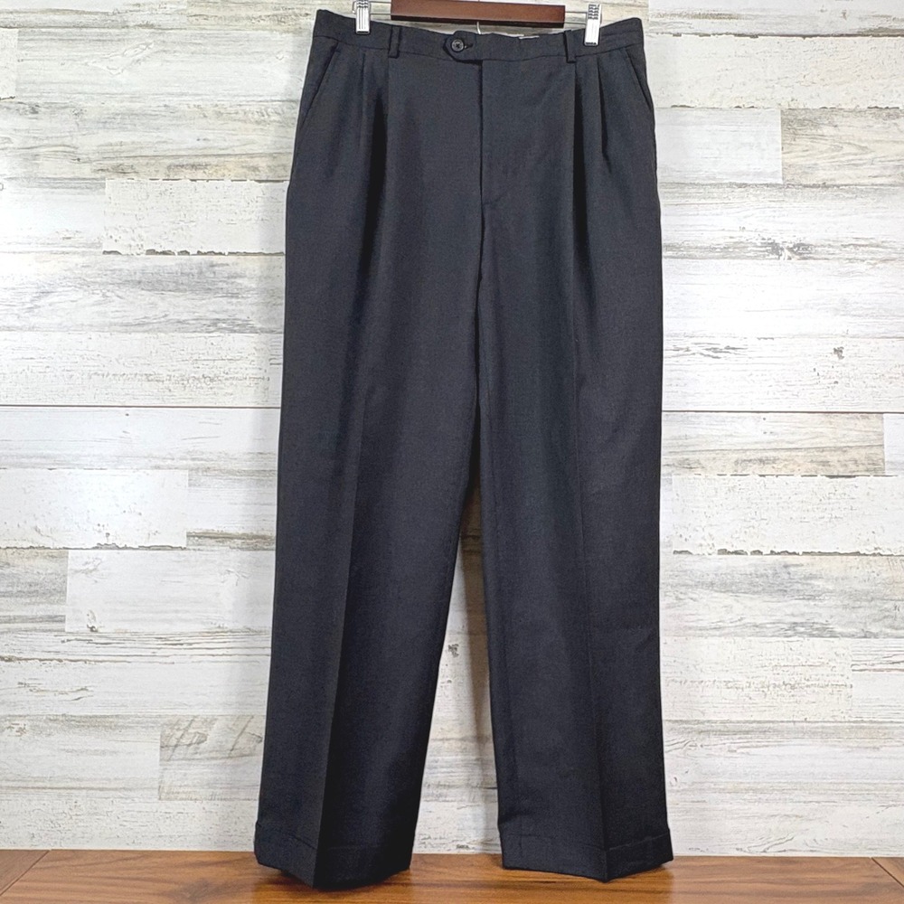 Hathaway Platinum Italy Wool Dress Pants‎ Charcoal Gray Cuffed Pleated 34x30.5